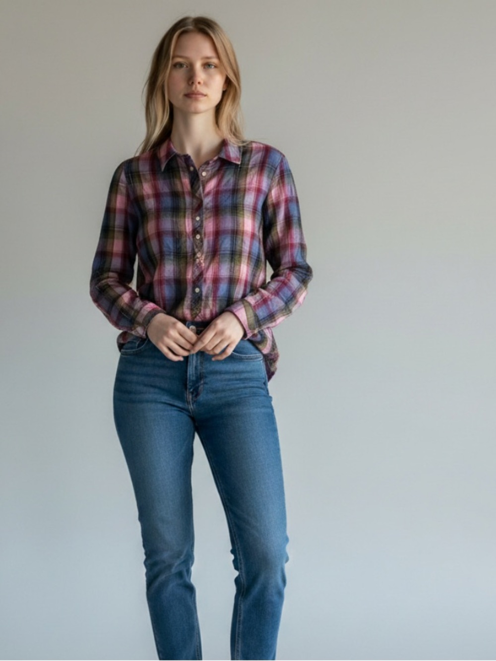 Talbots Pink Blue Green Plaid Button-Front Shirt